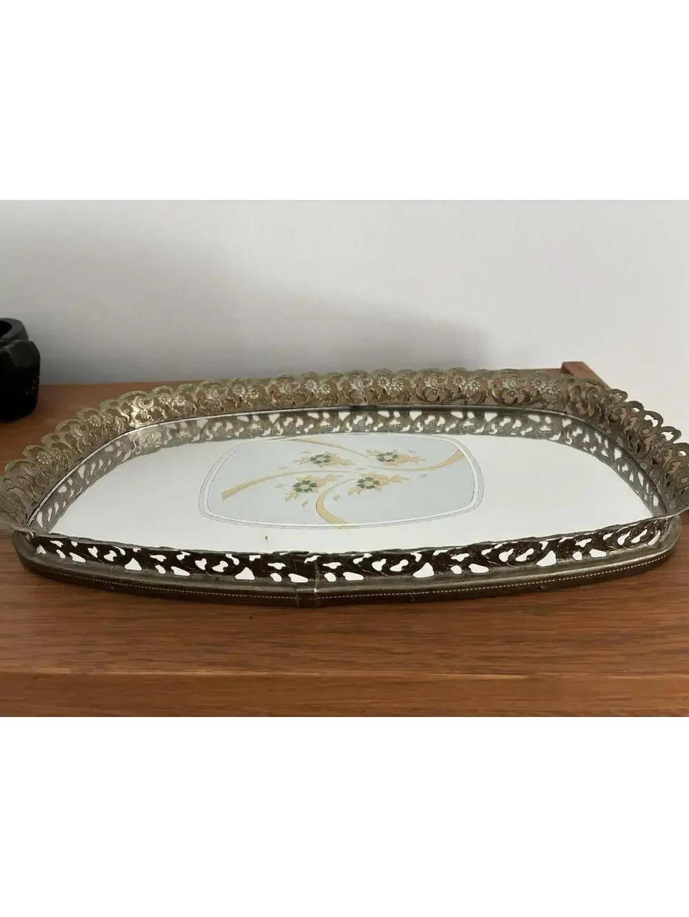 Vintage Vanity/Dresser Mirror/Tray Gold Tone Ormolu Roses Rectangle/Oval